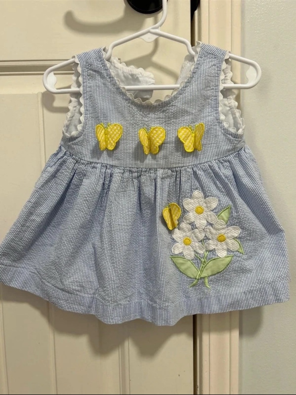 Blue Striped Girls' Tank Dress with Yellow Butterfly & Daisy Appliqué